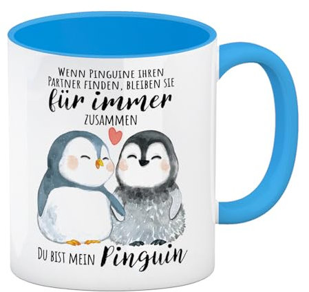 Pinguin Kaffeebecher in hellblau mit Spruch Du bist mein ewiger Pinguin Liebevolles Paar-Geschenk Zuneigung Herz Kuscheln Valentinstag-Liebesbote