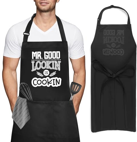 Iridsmole Funny Cooking Aprons for Men, Adjustable BBQ Grill Apron with Pockets, MR. GOOD LOOKIN’ IS COOKIN Apron, Christmas Gifts for Men Husband Father's Day Birthday Gift