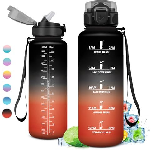 Trinkflasche 1.5 Liter, Große Trinkflasche Sport mit Strohhalm, Wasserflasche Große Auslaufsicher, Trinkflasche Kohlensäure Geeignet, Sportflasche für Erwachsener, Uni, Gym, Outdoor
