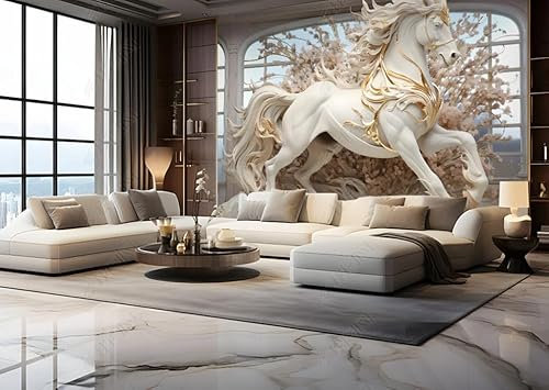 ZYHFDC Papier Peint Panoramique Relief en plâtre du cheval blanc Tableaux Muraux Tapisserie Photo Décoration Murale Salon Chambre 300CM(L)*210CM(H)