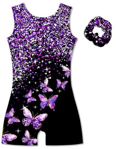 Vogseek 6-7Y Girls Gymnastics Leotards Purple Butterfly's 2PC Biketards