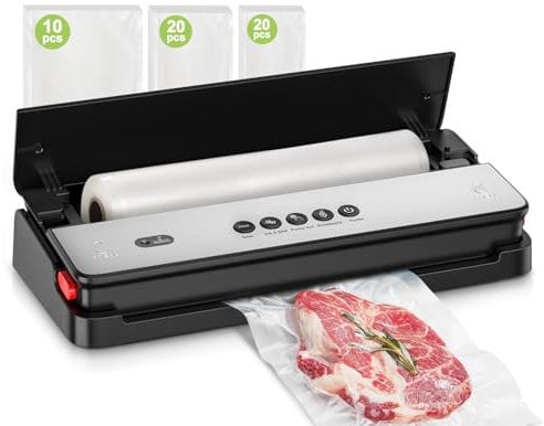 Bonsenkitchen Vacuum Sealer Machine, Multi-Functional, Globefish Technology for High-Speed Continuous Working, Food Vacuum Sealer with 50pcs Vacuum Bags and 1 Roll Bag