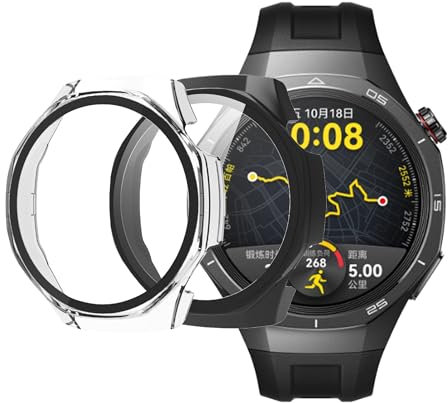 Rojeuinn Pack de 2 Fundas para Huawei Watch GT 5 Pro 46mm Funda Protectora con Protector de Pantalla, PC Dura 360° Funda Protectora Ultrafina Antiarañazos Antipolvo - Transparente+Negro