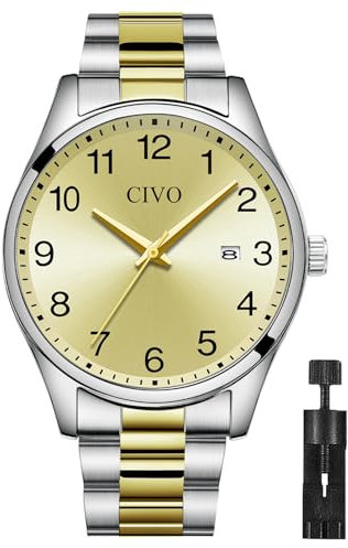 CIVO Herren Uhren Edelstahl Analog: Einfach Groß Ziffernblatt Armbanduhr Herren - Wasserdicht Gold Klassische Business Quarzuhr Geschenke für Männer