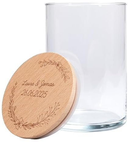 Personalisiertes Vorratsglas mit Holzdeckel (Kranz) | zur Hochzeit | Hochzeitsgeschenk | mit Wunschnamen und Datum graviert | mit Blumenmotiv | Geschenkidee für das Hochzeitspaar
