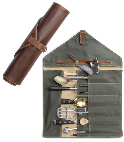 Angus Stoke Messertasche für Kochmesser aus Büffelleder | 14-Fächer Leder-Messerrolle für Köche – Messer, Kochtasche Gross Gustav (Braun)