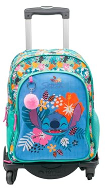 ToyBags Mochila Escolar Stitch Tropical - Doble Compartimento - CON ACCESORIO POM-POM - Adaptable + CARRO NEGRO PROTECCION LATERAL Y STOPER FRONTAL ANTI CAIDA 4 ruedas giratorias - 44 X 30 X 20 CM