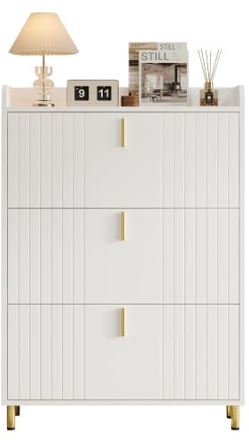 HAINEW Schuhschrank mit 3 Klappen, Schuhregal Schuhkipper Schmal Schuhaufbewahrung Schuhkommode mit Goldene Füße und Griffe für Flur, Schlafzimmer, 80×23,5×123,5cm, Weiß (1)