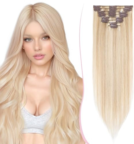 SEGO Pro 30CM Remy Clip in Extensions Glatt Echthaar Haarteil 8 Stück Haarverlängerung 55g, 18P613#Aschblond & Weißblond