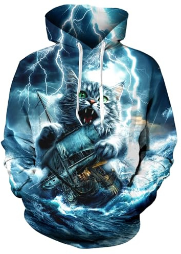 ALISISTER Sweat à Capuche Homme 3D Original avec Motif Chat éclair, Hoodie Graphique à Manches Longues avec Poches, Taille M