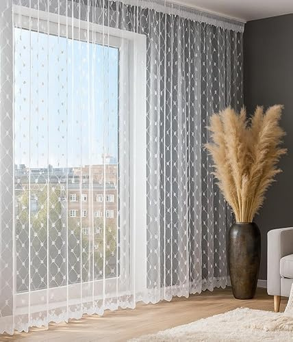 Gardinen Vorhangen Weiß Tüll 300x160 cm (BxH) Polignano Kurze Lange Gardine Mit Weißer Glänzender Stickerei Fertig Zum Aufhängen Mit Raffband Modern Transparent