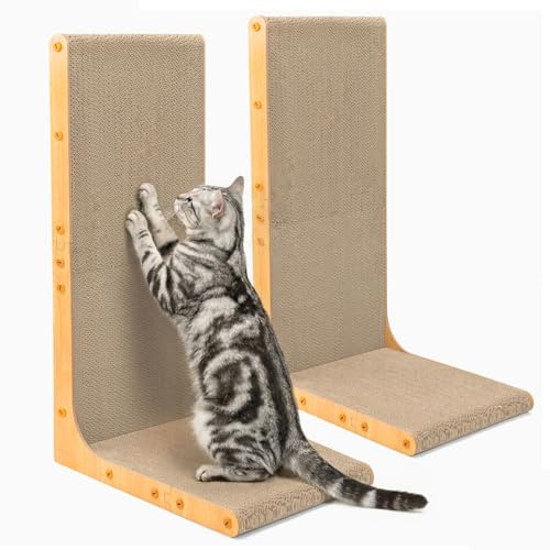Conlun Rascador para Gatos, 66 cm Forma en L Montable en Pared, Panel de Rascado Vertical, Cartón Duradero para Proteger Muebles de Gatos de Interior,Junbo,Madera Clara,2-Pack
