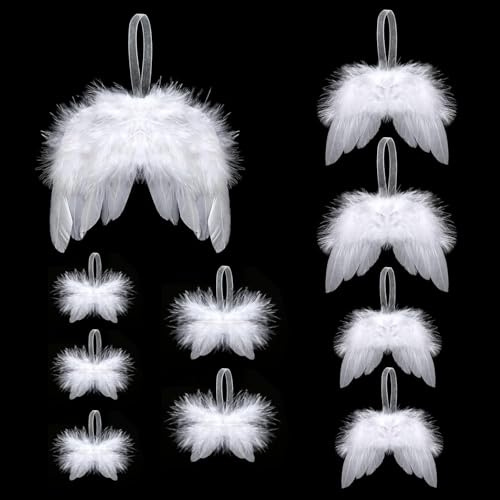 TenaLucy 10 Piezas Angel para Arbol de Navidad (Blanco), Alas de Angel en 5 Tamaños, Adornos de Navidad para el Arbol, Adornos Navideños, Pequeñas Decoración Navideña Colgantes para Fiesta Bricolaje