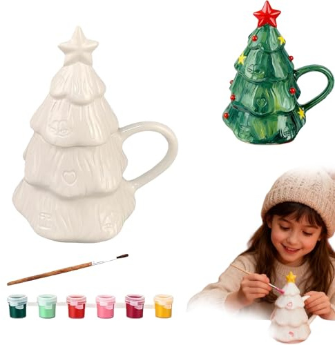 DIY Coloring Christmas Mug, DIY Coloring Christmas Tree Mug Painting Kit Paint, Funny Paintable Xmas White Coffee Cup, with 6 Color Paints Brush, for Xmas Activities Art Favor Decor (1Set)