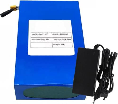 48V 50Ah E-Bike Battery Pack with BMS Protection, Compatible with 250W-1000W Motors, Includes Charger