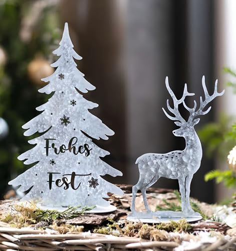 Dekoleidenschaft Dekofiguren Frohes Fest im 2er Set, Hirsch & Tanne, Metall Silber, 21 cm + 30 cm hoch, Weihnachtsdeko, Winterdeko