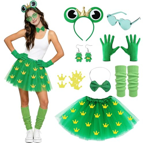 SINSEN 8 Stück Frosch Kostüm Damen Erwachsene Froschkönig Karneval Kostüm Tierkostüme mit Tüllrock, Frosch Haarreif, Handschuhe, Beinsocken, Herzbrille, Froschkostüm für Fasching Karneval Mottoparty