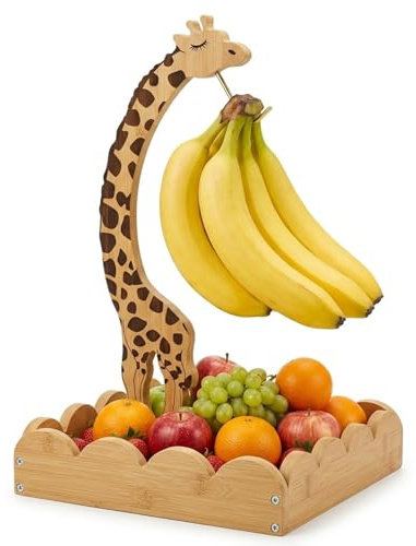 Bamboo Giraffe Banana Holder with Scalloped Fruit Basket Bowl,Cute Kitchen Counter Produce Stand & Hanger Tree,Prevents Browning, Unique Housewarming Gift