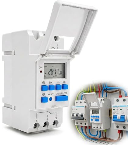 Programador Número Rail DIN AC220V Minuterie Semdomadaire Pantalla LCD | 16 programas, semanal, reserva de memoria de corte corriente, riel de montaje DIN, pantalla LCD legible, Gris