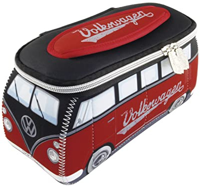 BRISA VW Collection - T1 Bulli Bus Kulturbeutel Kosmetiktasche | Volkswagen Universaltasche Waschbeutel, Wasserabweisend 4 Netzfächer Reisen Bad Werkzeug, Neopren, Rot/Schwarz Klein