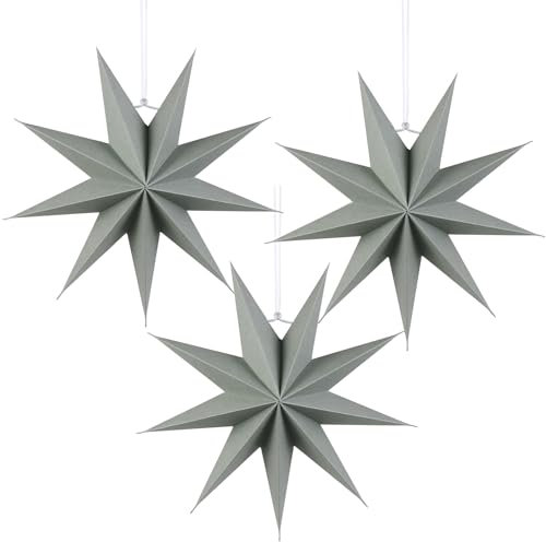 SUNBEAUTY Paper Christmas Stars Lanterns, 3-Pack 12 Inch Grey Stars, Hanging Wedding & Home Decorations