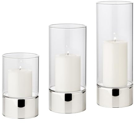 EDZARD 3er Set Windlicht Granada (H 15 cm, 20 & 25 cm cm, ø 9 cm) einteiliges Glas, Fuß in Silber-Optik, kein Metall, dünnes Glas, Kerzenglas Indoor und Outdoor, für Kerzen bis Durchmesser 8 cm