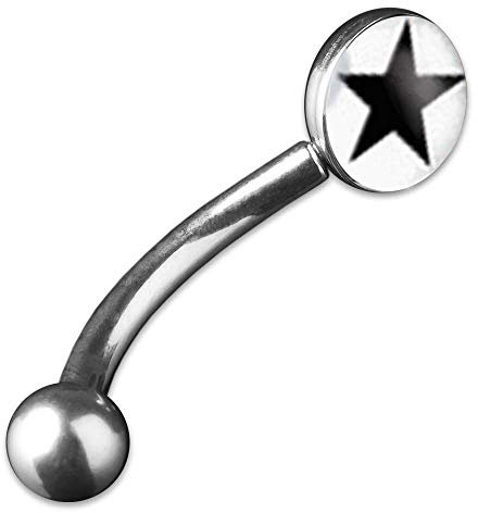 viva-adorno 1 Stück Piercing Banane Augenbrauenpiercing Logo Dome Rückseite flach 316L Chirurgenstahl 20 Motive Z378, S2 Stern schwarz