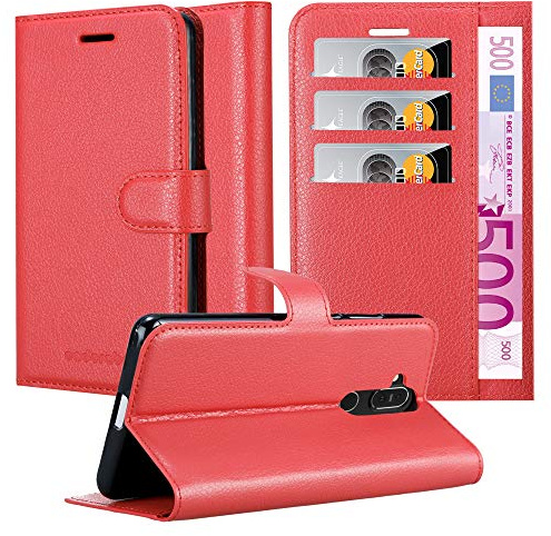 Cadorabo Hülle kompatibel mit Nokia 7.1 Plus / X7 Handyhülle aus Kunst Leder Flip Klappbare Stoßfeste Magnetische [Standfunktion] [Kartenfächern] Cover Hülle für Nokia 7.1 Plus / X7 Tasche in Rot