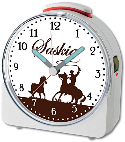 CreaDesign, WU-71-1111-47, Cowboy Pferd Braun, analog Kinderwecker weiß, Funkwecker mit Sweep-Uhrwerk und fluoreszierenden Zeiger und Licht, personlisiert mit Namen, 10,2 x 4,6 x 11 cm