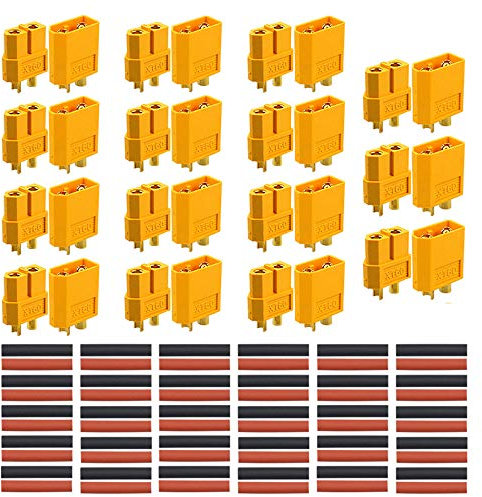 QitinDasen 15 Paare Premium XT-60 Männlich Weiblich Batterie Anschlüsse, Hochstrom Goldstecker Goldkontaktstecker Rundstecker Stecker Buchse, mit Schrumpfschlauch