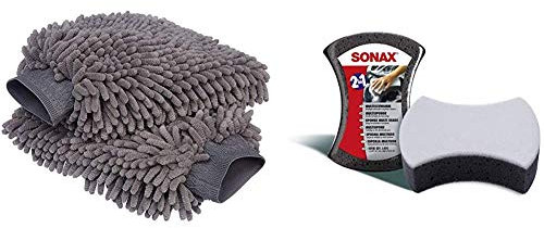 Amazon Basics Deluxe Auto-Waschhandschuh, Mikrofaser, 2 Stück & SONAX 428000 04280000 MultiSchwamm D/GB/F/NL/I/E