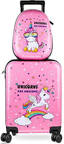 Kindergepäckkoffer und Rucksack 45,7 cm Koffer mit Spinnrollen Hartschale Reisegepäck 33 cm Rucksack Mädchen Gepäck Set für Kinder Reisekoffer, Einhorn-Muster