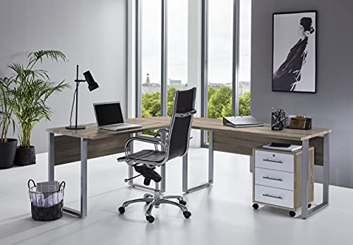 Büromöbel komplett Set Arbeitszimmer Office Edition in Eiche Sonoma/Weiß Hochglanz lackiert (Schreibtisch mit Rollcontainer)