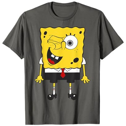 SPONGEBOB SQUAREPANTS SpongeBob Schwammkopf Wink T-Shirt, Grau, S, Unisex, Kurzarm, Klassische Passform, 100% Baumwolle, Cartoon, Casual Cartoon T-Shirt, Klassisch, Erwachsene