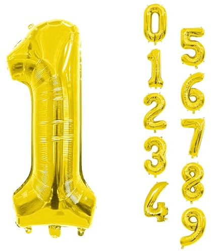 Trimming Shop 40 Inch Giant Gold Number 1 Helium & Air Foil Balloon | Self-Seal Valve, Reusable Digit 0-9 Number Balloon For Birthdays, New Year, Graduations, Celebrations & Party Decorations