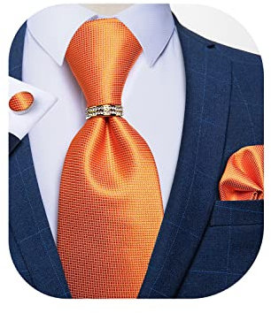 DiBanGu Herren-Krawatten-Set aus Seide, gewebte Krawatte, Einstecktuch und Manschettenknöpfe, Set mit Krawattenring für Smoking oder Anzug, Orange, Einheitsgröße