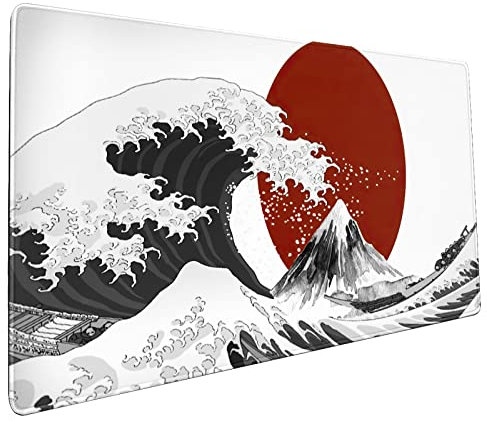 Tapis de souris noir et blanc avec motif de soleil rouge japonais, base en caoutchouc antidérapant avec bords cousus, grand tapis de jeu XXL pour clavier, jeu, ordinateur portable, bureau, 80 x 39 cm
