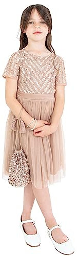 Maya Deluxe Midi Girls Dress for Wedding with Sequin Embellishment Short Sleeve Prom Birthday Bridesmaid Taupe Blush Size 5-6 Years