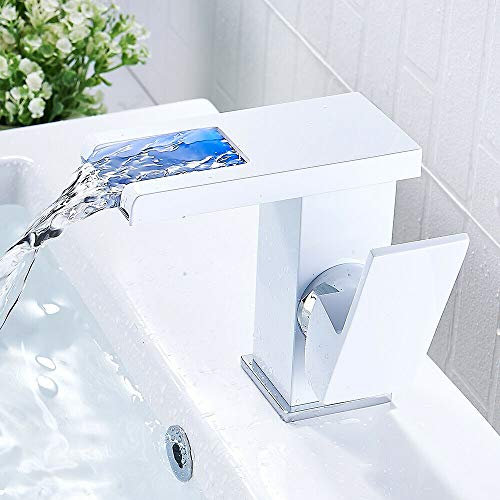 LENJKYYO Wasserhahn Bad Armatur LED Waschbecken Waschtischarmatur Wasserfall Badarmaturen RGB Spültischarmatur Wasserhahn Wasserfall Badarmatur Waschbecken Bad Schwarz/Weiß (Weiß)