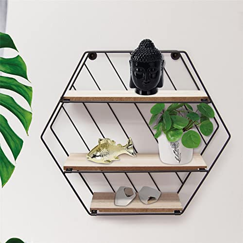 GEEZY Modern Shelf of Metal Wire and Wood, Decorative Hexagon Shape Storage Rack for Every Type of Room