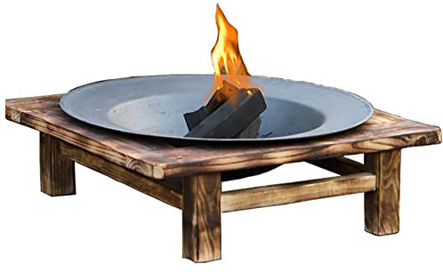 Fogón para exteriores, cuenco para barbacoa de hierro fundido de 18,8'', cuenco para fuego incorporado con mesa de madera, calentador de patio para camping, picnic, hoguera, patio, jardín, playa