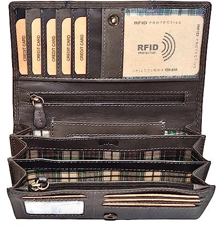 Benthill Portemonnaie Damen Leder - Hochwertige weiche Vintage Echtleder Damen Geldbörse mit RFID Schutz - Grosse Damenbörse lang - Frauen Portmonee inkl. Geschenkbox, Farbe:Grau