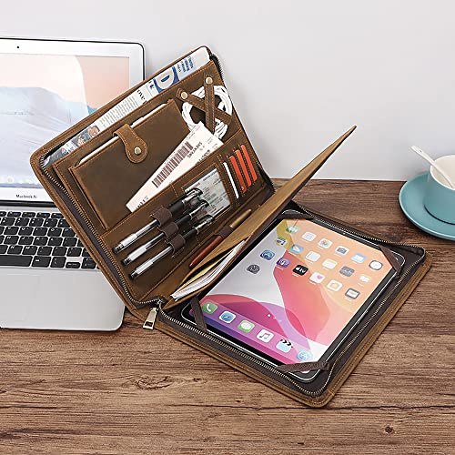 Gvalant Leather Portfolio Padfolio Folder iPad Pro 10.5 / 9.7 Inch Tablet Case, A5 Letter Size Notepad/Legal Pad Holder Coffee, Engraved Name & Logo