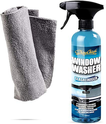 ShinyChiefs GLASS CLEAN SET- Auto-Glasreiniger für streifenfreie Reinigung - Schonender Scheibenreiniger für innen & außen mit hoher Schmutzlösekraft - Glasreinigerspray & Mikrofasertuch, 500ml