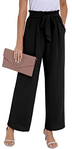 PrinStory Women's Wide Leg Trousers Lightweight Elasticated Waist Trouser Adjustable Tie Knot Loose Fit Pants With Pockets Lounge Pants (Black, XXL)
