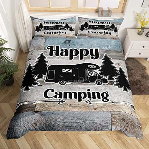 Bettwäsche 155x220 Happy Camping Camper Bettbezug Set 3 Teilig rustikales Bauernhaus Microfaser Weich Bettbezüge + 2 Kissenbezuge 80x80 cm, mit Reißverschluss