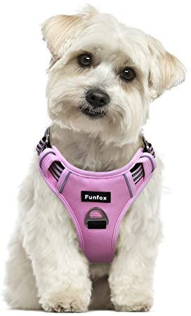 Funfox Hundegeschirr Kleine Hunde [S] - Anti Zug Welpengeschirr mit Griff & Ringreflektoren, Atmungsaktives Verstellbares No Pull Brustgeschirr für Kleine/Mittelgroße Hunde Outdoor Rosa