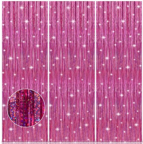 Accevo Rosa Luftschlangen Party Deko, 3 Stück 1x2.5M Lametta Vorhang für Geburtstagsdeko, Glänzende Hintergrund Vorhänge, Glitzervorhang als Geburtstagsdeko Mädchen