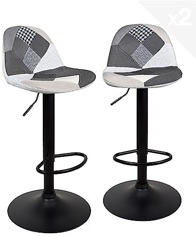 KAYELLES Lot de 2 tabourets de Bar siège Patchwork Tissu rembourré, Repose Pieds, réglable en Hauteur et pivotant 360° Pied Noir SIG (Patchwork Gris)