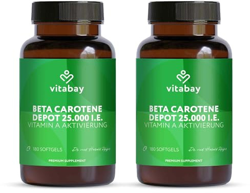 Vitabay Beta Carotin Bräunungskapseln 25.000 I.E. – 360 Softgels | Hochdosiert Depot – Natürlich aus Dunaliella salina Alge – Provitamin A – Vegan – Laborgeprüft – 2er Bundle